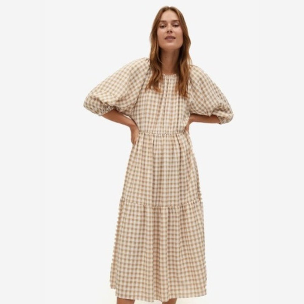 Mango Women's Frilled Check Dress Light Beige - 8